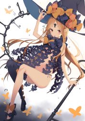 Rule 34 | 1girl, :o, abigail williams (fate), abigail williams (second ascension) (fate), arm up, asymmetrical legwear, black bow, black footwear, black hat, black panties, black thighhighs, blonde hair, bow, fate/grand order, fate (series), hand on headwear, hat, hat bow, high heels, holding, holding key, key, long hair, looking at viewer, orange bow, panties, parted bangs, parted lips, polka dot, polka dot bow, red eyes, revealing clothes, shoes, single thighhigh, solo, stuffed animal, stuffed toy, teddy bear, thighhighs, topless, underwear, uneven legwear, very long hair, white background, witch hat