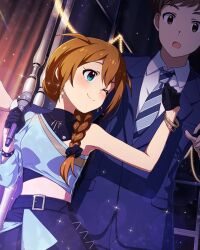 Rule 34 | 1boy, 1girl, baba konomi, belt, blue eyes, brown eyes, brown hair, card (medium), formal, gloves, idolmaster, idolmaster million live!, idolmaster million live! theater days, jewelry, microphone, necklace, necktie, official art, one eye closed, open mouth, producer (idolmaster), smile, sparkle, suit