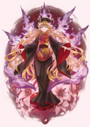 Rule 34 | 1girl, aura, black dress, black headwear, blonde hair, china dress, chinese clothes, closed mouth, dress, eyebrows hidden by hair, floating hair, flower, frown, full body, grey background, highres, junko (touhou), long hair, long sleeves, looking at viewer, masakichi (mmw), neck ribbon, official art, phoenix crown, pink flower, red eyes, ribbon, simple background, solo, strange creators of outer world, tabard, third-party source, touhou, very long hair, wide sleeves, yellow ribbon