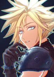 Rule 34 | 1boy, absurdres, armor, black background, black gloves, blonde hair, blue eyes, cloud strife, commentary, earrings, english commentary, final fantasy, final fantasy vii, final fantasy vii remake, from side, gloves, hair between eyes, hand up, highres, jewelry, looking at viewer, looking to the side, male focus, parted lips, seilidare, short hair, shoulder armor, single bare shoulder, single earring, sleeveless, sleeveless turtleneck, solo, spiked hair, stud earrings, sweater, turtleneck, turtleneck sweater, twitter username, upper body