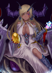 Rule 34 | 1girl, bare shoulders, black background, blonde hair, breasts, claws, cleavage, dark-skinned female, dark skin, dragon, dragon girl, dragon horns, dragon wings, dress, egg, facial mark, gold egg (p&amp;d), heterochromia, highres, horns, jyon, large breasts, long hair, looking at viewer, purple eyes, puzzle &amp; dragons, scales, simple background, sitting, slit pupils, smile, solo, sonia gran, wings, yellow eyes