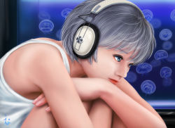 Rule 34 | 1girl, blue eyes, close-up, ebi (eeotoko), eyelashes, headphones, highres, knees to chest, lips, listening to music, nose, original, short hair, silver hair, sitting, solo, tank top