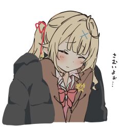 Rule 34 | 1girl, black coat, blush, bow, bowtie, brown jacket, closed eyes, closed mouth, coat, collared shirt, commentary request, cropped torso, crying, dot nose, h (eitilog), hair ribbon, hoshikawa sara, jacket, nijisanji, pink bow, pink bowtie, red ribbon, ribbon, shirt, side ponytail, simple background, sketch, solo, tears, translation request, upper body, virtual youtuber, white background, white shirt