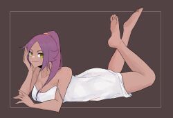 Rule 34 | 1girl, alternate costume, bare shoulders, barefoot, bleach, breasts, cleavage, closed mouth, commentary request, dark-skinned female, dark skin, feet, feet up, full body, highres, large breasts, legs, looking at viewer, lying, mmsb 551, nightgown, on stomach, ponytail, purple hair, shihouin yoruichi, smile, soles, solo, the pose, toes, white nightgown, yellow eyes