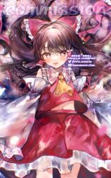Rule 34 | 1girl, ascot, bare shoulders, blush, bow, brown hair, detached sleeves, frilled skirt, frills, hair bow, hair tubes, hakurei reimu, japanese clothes, long hair, looking at viewer, navel, nontraditional miko, open mouth, pafe yuzuran, red bow, red eyes, red skirt, sidelocks, skirt, smile, solo, touhou, twitter username, white sleeves, wide sleeves, yellow ascot