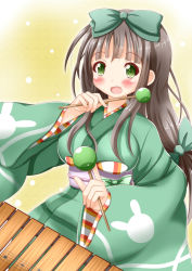 Rule 34 | 1girl, :d, apron, blunt bangs, bow, breasts, brown hair, commentary request, flower, gochuumon wa usagi desu ka?, green bow, green eyes, green kimono, hair bow, hair flower, hair ornament, highres, holding, instrument, japanese clothes, kimono, large breasts, long hair, long sleeves, music, obi, open mouth, playing instrument, sash, smile, solo, ujimatsu chiya, white apron, wide sleeves, xenon (for achieve), xylophone, yellow background