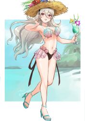 Rule 34 | 1girl, aqua footwear, aqua nails, bikini, black hairband, breasts, cleavage, commentary request, corrin (female) (fire emblem), corrin (fire emblem), drink, earrings, fingernails, fire emblem, fire emblem cipher, fire emblem fates, floating hair, hair between eyes, hairband, hat, highres, holding, holding drink, jewelry, large breasts, looking at viewer, navel, nintendo, official alternate costume, open mouth, red eyes, sandals, shell, shell bikini, shell earrings, signature, smile, snow20200, solo, stomach, straw hat, swimsuit, twitter username, wavy hair