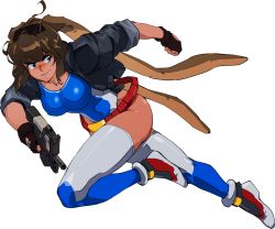 Rule 34 | 1990s (style), 1girl, animal ears, babs (battle athlete), belt, black gloves, blue one-piece swimsuit, blue thighhighs, borrowed character, breasts, brown hair, bullpup, clenched hand, commission, competition swimsuit, cropped jacket, dark-skinned female, dark skin, david liu, eyewear on head, fingerless gloves, full body, gloves, grey thighhighs, gun, highleg, highleg swimsuit, highres, jacket, large breasts, leather, leather jacket, loose belt, machine pistol, mascot, one-piece swimsuit, original, rabbit ears, retro artstyle, running, shoes, short hair, sleeves rolled up, sneakers, solo, sunglasses, swimsuit, thighhighs, transparent background, weapon