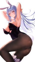 Rule 34 | 1girl, absurdres, alternate breast size, alternate hairstyle, animal ear fluff, animal ears, armpits, arms behind head, ass, bare shoulders, black pantyhose, blue hair, breasts, bridal garter, closed mouth, commentary request, cosplay, highres, hololive, large breasts, leotard, long hair, looking at viewer, mature female, mugiusagi, pantyhose, pekomama, playboy bunny, rabbit ears, rabbit girl, rabbit tail, red eyes, revision, simple background, smile, solo, tail, thick eyebrows, thighs, usada pekora, usada pekora (1st costume), usada pekora (cosplay), virtual youtuber, white background