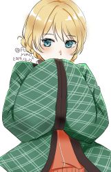 Rule 34 | 1girl, absurdres, blonde hair, blue eyes, braid, commentary, covering own mouth, darjeeling (girls und panzer), dated, girls und panzer, green jacket, hanten (clothes), highres, jacket, japanese clothes, kimono, long sleeves, looking at viewer, one-hour drawing challenge, open clothes, open jacket, red jacket, short hair, simple background, solo, touma (tsunamiharuru), twin braids, twitter username, upper body, white background, wide sleeves, yukata