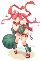 Rule 34 | 1girl, absurdres, bare shoulders, beach, breasts, brown eyes, cleavage, deto, food, food print, fruit, full body, highres, huge breasts, leaning forward, long hair, looking at viewer, one eye closed, parted lips, pink hair, sand, sandals, shironeko project, solo, standing, translated, watermelon, watermelon print