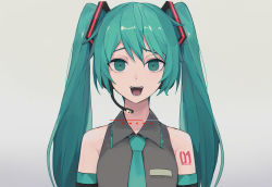 Rule 34 | 1girl, absurdres, arm tattoo, bad id, bad twitter id, bare shoulders, character name, collared shirt, commentary, crowcrycaw, detached sleeves, green eyes, green hair, green necktie, grey shirt, hair between eyes, hatsune miku, headphones, headset, highres, long hair, looking at viewer, media player interface, necktie, open mouth, pause button, shirt, sleeveless, solo, symbol-only commentary, tattoo, teeth, twintails, upper body, very long hair, vocaloid