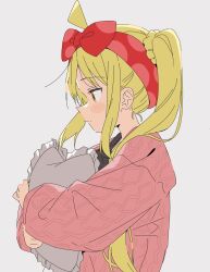 Rule 34 | 1girl, ahoge, black shirt, blonde hair, blush stickers, bocchi the rock!, bow, braid, closed mouth, frilled pillow, frills, grey background, hairband, highres, ijichi nijika, jacket, long hair, long sleeves, looking away, meito (maze), hugging object, open clothes, open jacket, pillow, pillow hug, pink jacket, polka dot hairband, profile, puffy long sleeves, puffy sleeves, red bow, red hairband, shirt, side ponytail, simple background, solo, very long hair