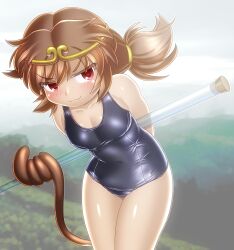 Rule 34 | 1girl, :3, arms behind back, blurry, blurry background, blush, breasts, brown hair, cleavage, closed mouth, collarbone, commentary request, hair between eyes, hair ornament, highres, holding, holding pole, holding staff, low twintails, medium breasts, monkey tail, pole, red eyes, school swimsuit, solo, son biten, staff, swimsuit, tail, touhou, twintails, winn