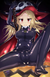 Rule 34 | 10s, 1girl, black bodysuit, blonde hair, bodysuit, breasts, halloween, hat, highres, large breasts, latex, latex suit, long hair, mole, mole under mouth, naka (cheeseyeast), red eyes, senran kagura, senran kagura shinovi versus, shiki (senran kagura), shiny clothes, skin tight, solo, spread legs, witch hat