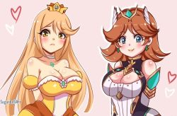 Rule 34 | 2girls, artist name, bare shoulders, blonde hair, blue eyes, blush, breasts, brown hair, chest jewel, cleavage, closed mouth, cosplay, costume switch, crown, dress, earrings, elbow gloves, gloves, heart, jewelry, lips, long hair, looking at viewer, mario (series), multiple girls, mythra (xenoblade), mythra (xenoblade) (cosplay), nintendo, princess daisy, princess daisy (cosplay), short hair, smile, strapless, strapless dress, sugarbell, super mario land, super smash bros., swept bangs, tiara, xenoblade chronicles (series), xenoblade chronicles 2, yellow dress, yellow eyes