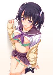 Rule 34 | 1girl, black footwear, black hair, blush, bow, bow bra, bra, bra pull, breasts, cardigan, clothes lift, clothes pull, collarbone, commentary request, fingernails, green bra, green panties, hair between eyes, hair ornament, hair scrunchie, highres, kneehighs, long sleeves, looking at viewer, navel, neckerchief, no shoes, one side up, original, panties, panty pull, parted lips, pleated skirt, pulled by self, purple eyes, purple neckerchief, purple skirt, school uniform, scrunchie, serafuku, shirt, shirt lift, skirt, sleeves past wrists, small breasts, socks, solo, standing, standing on one leg, sweat, underwear, uzuki hiro, white shirt