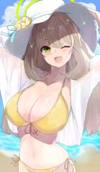 Rule 34 | 1girl, ;d, absurdres, arms up, bikini, blue archive, blush, breasts, chankuro, cleavage, collarbone, halo, hat, highres, large breasts, light brown hair, linea alba, long hair, looking at viewer, navel, nonomi (blue archive), nonomi (swimsuit) (blue archive), official alternate costume, one eye closed, open mouth, outdoors, see-through, shirt, side-tie bikini bottom, smile, solo, stomach, string bikini, sun hat, sweatdrop, swimsuit, very long hair, white hat, white shirt, yellow bikini