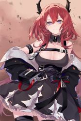 Rule 34 | &gt;:), 1girl, arknights, bare shoulders, black dress, black jacket, black thighhighs, breasts, cleavage, closed mouth, collarbone, contrapposto, cowboy shot, detached collar, dress, hand on own hip, horns, jacket, large breasts, long hair, long sleeves, looking at viewer, mashita (kuzsat), open clothes, open jacket, purple eyes, red background, red hair, smile, solo, surtr (arknights), thighhighs, underbust, v-shaped eyebrows, very long hair, zettai ryouiki