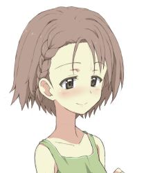 Rule 34 | 1girl, alternate hairstyle, blush, braid, brown eyes, brown hair, closed mouth, commentary, girls und panzer, green shirt, hair tie, half-closed eyes, kayabakoro, looking to the side, maruyama saki, portrait, shirt, short hair, simple background, smile, solo, tank top, white background