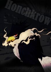 Rule 34 | abstract background, absurdres, animal focus, beak, bird, bird wings, black feathers, black wings, bright pupils, chest tuft, creatures (company), english text, feathered wings, feathers, fluffy, furry, game freak, gen 4 pokemon, hat, highres, honchkrow, mysterious, nintendo, no humans, open mouth, pokemon, pokemon (creature), red eyes, red pupils, red wings, size difference, smile, smoke, smoking, t0k0d18, white background, white feathers, white pupils, wings