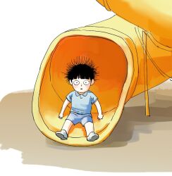 Rule 34 | 1boy, aged down, black hair, blue shirt, blue shorts, closed mouth, confused, dot mouth, dubu mp100, kageyama shigeo, male focus, mob psycho 100, shirt, short hair, shorts, sitting, slide, spiked hair, static electricity