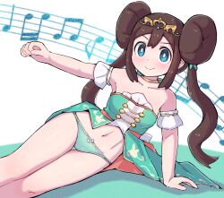 Rule 34 | 1girl, arm support, bare shoulders, blush, bright pupils, brown hair, closed mouth, collarbone, commentary request, creatures (company), double bun, game freak, green eyes, green panties, hair bun, hand up, highres, jewelry, kutabireta neko, leaning, long hair, looking at viewer, musical note, navel, neck ring, nintendo, official alternate costume, panties, pokemon, pokemon masters ex, rosa (champion) (pokemon), rosa (pokemon), smile, solo, staff (music), tiara, twintails, underwear, white pupils