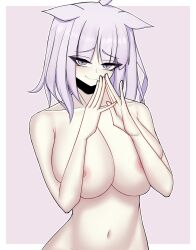 Rule 34 | 1girl, animal ears, arbiter the lovers vi (azur lane), azur lane, breasts, commission, completely nude, highres, large breasts, light purple hair, looking at viewer, lowercase, navel, nipples, nude, purple eyes, purple hair, short hair, siren (azur lane), smile, upper body