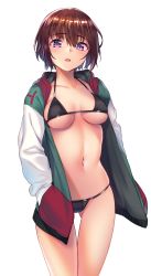 Rule 34 | 1girl, absurdres, bad id, bad pixiv id, bikini, black bikini, blush, breasts, brown hair, collarbone, cowboy shot, gluteal fold, groin, hair between eyes, hands in pockets, highres, hood, hoodie, looking at viewer, mayoichi, medium breasts, multicolored clothes, navel, open clothes, open mouth, original, purple eyes, shiny skin, short hair, simple background, skindentation, solo, standing, swimsuit, thigh gap, underboob