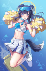 Rule 34 | 1girl, animal ears, aqua eyes, black hair, blue archive, breasts, character name, cheerleader, cleavage, commentary request, detached collar, dog ears, dog girl, dog tail, eyewear on head, hair between eyes, halo, hibiki (blue archive), hibiki (cheer squad) (blue archive), highres, holding, holding pom poms, jumping, long hair, looking at viewer, medium breasts, millennium cheerleader outfit (blue archive), navel, official alternate costume, pom pom (cheerleading), pom poms, ponytail, shirakawafel, shoes, sidelocks, sleeveless, sneakers, solo, stomach, sunglasses, tail