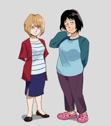 Rule 34 | 2girls, black footwear, black hair, blue shirt, blue skirt, breasts, brown hair, closed mouth, commentary, crocs, english commentary, full body, grey background, highres, jacket, kyokyeo, long sleeves, looking at viewer, medium breasts, mob psycho 100, multiple girls, open clothes, open jacket, pants, pink footwear, raglan sleeves, red jacket, serizawa katsuya&#039;s mother, shirt, shoes, short hair, simple background, skirt, smile, standing, striped clothes, striped shirt, suzuki shou&#039;s mother, white shirt