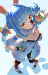 Rule 34 | 1girl, :3, :t, animal ear fluff, animal ears, black gloves, black leotard, blue hair, bow, braid, breasts, brown pantyhose, carrot hair ornament, carrying, closed mouth, commentary request, detached sleeves, don-chan (usada pekora), dress, eating, eyebrows hidden by hair, food, food-themed hair ornament, from above, full body, fur-trimmed dress, fur-trimmed gloves, fur trim, gloves, hair between eyes, hair bow, hair ornament, holding, holding food, hololive, leotard, long hair, looking at viewer, looking up, md5 mismatch, multicolored hair, pantyhose, puffy short sleeves, puffy sleeves, rabbit-shaped pupils, rabbit ears, rabbit tail, resolution mismatch, short eyebrows, short sleeves, small breasts, smug, source larger, standing, strapless, strapless dress, strapless leotard, symbol-shaped pupils, thick eyebrows, twin braids, twintails, two-tone hair, usada pekora, usada pekora (1st costume), very long hair, virtual youtuber, white bow, white dress, white hair, white sleeves, yoka1chi
