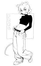 Rule 34 | 1girl, absurdres, ahoge, animal ear fluff, animal ears, baggy pants, belt, breasts, character name, closed mouth, crop top, crossed bangs, full body, greyscale, heel up, high contrast, highres, long sleeves, looking at viewer, midriff, monochrome, mouse girl, mouse tail, navel, no nose, original, pants, perl (vertigris), shirt, shoes, small breasts, sneakers, solo, standing, tail, vertigris
