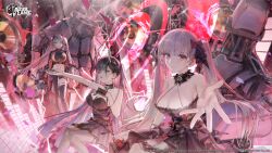 Rule 34 | 3girls, absurdres, azur lane, bare shoulders, breasts, cleavage, closed mouth, commentary, company connection, company name, copyright name, dress, formidable (azur lane), formidable (muse) (azur lane), frills, gloves, hair ornament, halterneck, hand up, highres, horns, large breasts, logo, long hair, looking at viewer, midriff, multiple girls, navel, noshiro (azur lane), noshiro (muse) (azur lane), official art, outstretched hand, prinz eugen (azur lane), prinz eugen (muse) (azur lane), ribbon, rsef, short dress, sleeveless, stomach, twintails