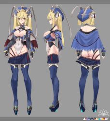 Rule 34 | 1girl, protagonist (pso2), ayamo kaoru, black gloves, blonde hair, blue capelet, blue footwear, blue headwear, blue skirt, blue thighhighs, breasts, capelet, character sheet, cleavage, cleavage cutout, clothing cutout, collarbone, commentary request, commission, covered navel, elbow gloves, fingerless gloves, flower, from behind, from side, full body, gloves, gold trim, grey background, hair between eyes, high heels, highleg, highleg leotard, highres, large breasts, leotard, long hair, long sleeves, looking at viewer, multiple views, numako (pizza kanon), original, parted lips, phantasy star, phantasy star online 2, pleated skirt, pointy ears, red eyes, sidelocks, skeb commission, skirt, tassel, thighhighs, two side up, white leotard, wide sleeves