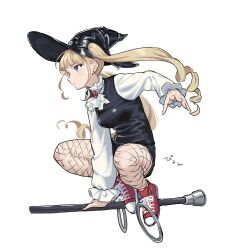 Rule 34 | 1girl, ascot, black hat, black leotard, blonde hair, breasts, brooch, closed mouth, drill hair, fishnet pantyhose, fishnets, full body, hat, highres, jewelry, leotard, long hair, long sleeves, medium breasts, pantyhose, project:anemone, red footwear, shirt, shoes, simple background, sneakers, solo, staff, staff riding, teshima nari, twin drills, white ascot, white background, white shirt, witch, witch hat, zipper