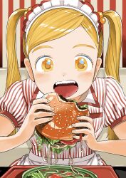 Rule 34 | 1girl, absurdres, apron, artist name, blonde hair, blush, breast pocket, breasts, burger, close-up, collared dress, collared shirt, commentary, dot nose, dress, eating, food, food bite, frilled apron, frills, hair bobbles, hair ornament, highres, holding, holding food, indoors, ketchup, leaning forward, lettuce, looking at viewer, maid headdress, nagomurasan, on bench, onion, open mouth, original, parted bangs, plate, pocket, puffy short sleeves, puffy sleeves, shirt, short sleeves, sitting, small breasts, solo, striped background, striped clothes, striped dress, symbol-only commentary, table, teeth, tomato, tomato slice, tongue, tongue out, tray, twintails, vertical-striped clothes, vertical-striped dress, waist apron, yellow eyes