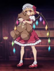 Rule 34 | 1girl, blonde hair, blurry, blurry background, closed mouth, commentary request, crystal, flandre scarlet, full body, hat, highres, library, mob cap, ootsuki wataru, puffy short sleeves, puffy sleeves, red eyes, red footwear, red skirt, shoes, short hair, short sleeves, side ponytail, skirt, socks, solo, standing, stuffed animal, stuffed toy, teddy bear, touhou, twitter username, white hat, white socks, wings, wrist cuffs