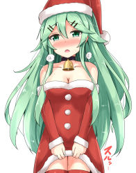Rule 34 | 1girl, aikawa ryou, alternate costume, bell, blush, choker, commentary request, fur trim, green eyes, green hair, hair between eyes, hat, highres, kantai collection, long hair, open mouth, santa costume, santa hat, simple background, solo, white background, yamakaze (kancolle)