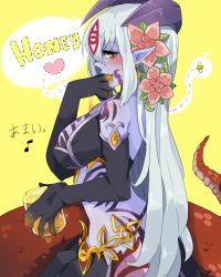 Rule 34 | 1girl, alipheese fateburn xvi, bare shoulders, bee, blush, breast tattoo, breasts, bug, eating, elbow gloves, flower, fraubriggs, gloves, hair flower, hair ornament, heart, highres, holding, honey, insect, jewelry, lamia, large breasts, long hair, looking at viewer, mon-musu quest!, monster girl, musical note, pot, shiny skin, sidelocks, silver hair, simple background, solo, tattoo, yellow background, yellow eyes