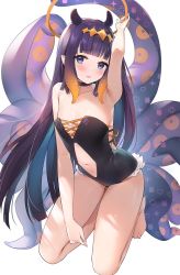 Rule 34 | 1girl, armpits, ayamy, bare arms, bare legs, bare shoulders, barefoot, blue eyes, blunt bangs, breasts, choker, clothing cutout, collarbone, feet, frilled one-piece swimsuit, frilled swimsuit, frills, full body, gradient hair, halo, highres, hololive, hololive english, kneeling, leaning forward, looking at viewer, multicolored hair, navel, navel cutout, ninomae ina&#039;nis, one-piece swimsuit, orange hair, parted lips, purple hair, purple one-piece swimsuit, simple background, small breasts, solo, swimsuit, tentacles, thigh gap, thighs, toes, virtual youtuber, white background