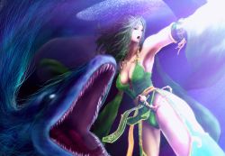 Rule 34 | 1girl, aged up, armpits, bad id, bad pixiv id, blue eyes, breasts, cleavage, commentary request, cowboy shot, detached sleeves, final fantasy, final fantasy iv, green hair, green leotard, green thighhighs, highres, large breasts, leotard, leviathan (final fantasy), long hair, looking to the side, open mouth, outstretched arm, pelvic curtain, rydia (ff4), serpent, spoilers, standing, thighhighs, tiara, y&quot;s