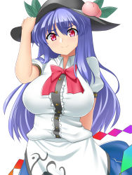 Rule 34 | &gt;:), 1girl, alternate breast size, black hat, blue hair, blue skirt, blush, bow, bowtie, breasts, closed mouth, cowboy shot, dress shirt, food, fruit, hat, highres, hinanawi tenshi, large breasts, leaf, looking at viewer, mokkori9, peach, puffy short sleeves, puffy sleeves, rainbow order, red bow, red bowtie, red eyes, shirt, short sleeves, sidelocks, skirt, smile, solo, thick eyebrows, touhou, v-shaped eyebrows, white shirt