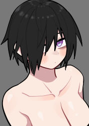 Rule 34 | 1girl, absurdres, arms at sides, bare shoulders, black hair, blue eyes, blush, breasts, character request, closed mouth, collarbone, expressionless, grey background, hair over one eye, highres, kanke (kank06020602), large breasts, looking at viewer, medium hair, nude, original, pale skin, purple eyes, shiny skin, solo, sparkling eyes, straight hair, two-tone eyes