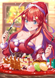Rule 34 | 1girl, :q, absurdres, ahoge, bare shoulders, blue eyes, breasts, cake, christmas, cleavage, collarbone, commentary request, food, fork, go-toubun no hanayome, hachiroku (hatirokusann86), hair ornament, hat, highres, holding, holding fork, holding knife, knife, long hair, looking at viewer, macaron, medium breasts, nakano itsuki, red hair, red hat, santa costume, santa hat, solo, sparkling eyes, star (symbol), star hair ornament, tongue, tongue out, upper body
