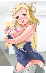 Rule 34 | 10s, 1girl, blonde hair, blue one-piece swimsuit, blush, braid, breasts, bursting breasts, censored, censored nipples, changing clothes, competition school swimsuit, covered navel, cowboy shot, crown braid, embarrassed, from side, gonta (gshoutai), green eyes, grey skirt, groin, hair rings, heart, heart censor, highres, large breasts, locker, locker room, looking at viewer, love live!, love live! sunshine!!, medium hair, miniskirt, ohara mari, one-piece swimsuit, one breast out, open mouth, pleated skirt, school swimsuit, skin tight, skirt, smile, solo, spaghetti strap, standing, swimsuit, undressing, yellow eyes