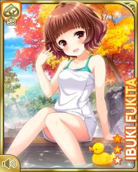 Rule 34 | 1girl, bird, bow, brown eyes, brown hair, card (medium), character name, day, duck, forest, fukita ibuki, girlfriend (kari), hair ornament, hairclip, looking at viewer, nature, official art, open mouth, outdoors, qp:flapper, river, rock, rubber duck, shirt, short hair, sitting, smile, soaking feet, swimsuit, towel, water, white shirt