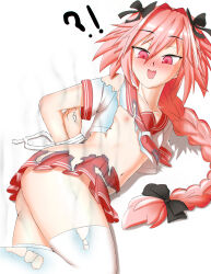 Rule 34 | !?, 1boy, @ @, absurdres, arms behind back, astolfo (fate), bdsm, black bow, blush, bondage, bound, bound wrists, bow, braid, braided ponytail, burnt clothes, collarbone, crop top, crossdressing, dissolving clothes, fate/apocrypha, fate/grand order, fate (series), feet out of frame, frostyneko, gluteal fold, hair bow, highres, long hair, looking at viewer, lying, melting, midriff, navel, nude, on side, open mouth, pink eyes, pink hair, pleated skirt, red skirt, ribbon, school uniform, serafuku, shirt, short sleeves, simple background, single braid, skirt, sweat, sweatdrop, thighhighs, thighs, trap, very long hair, white background, white shirt, white thighhighs