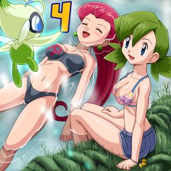 Rule 34 | 00s, 2girls, ass, bikini, blue eyes, blush, breasts, celebi, cleavage, creatures (company), diana (pokemon), game freak, gen 2 pokemon, green hair, hair slicked back, jessie (pokemon), legendary pokemon, long hair, looking at another, lowres, multiple girls, mythical pokemon, navel, nintendo, pokemoa, pokemon, pokemon (anime), pokemon (classic anime), pokemon (creature), pokemon 4ever - celebi: the voice of the forest, red hair, swimsuit, water