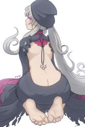 Rule 34 | 1girl, absurdres, ass, back, backless dress, backless outfit, bare back, barefoot, beanie, butt crack, dress, efreezerarts, feet, glowing, glowing eyes, grey hair, hat, highres, long hair, looking at viewer, looking back, nijisanji, nijisanji en, pink eyes, reimu endou, seiza, sitting, soles, toes, virtual youtuber